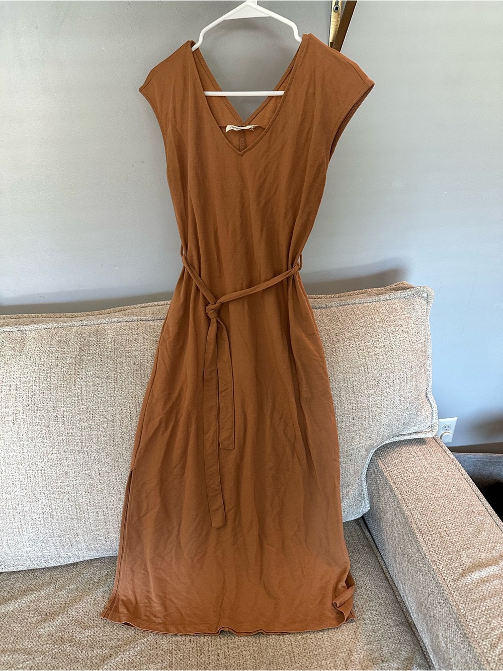 Impressions V-Neck Belted Maxi Dress in Rust Brown